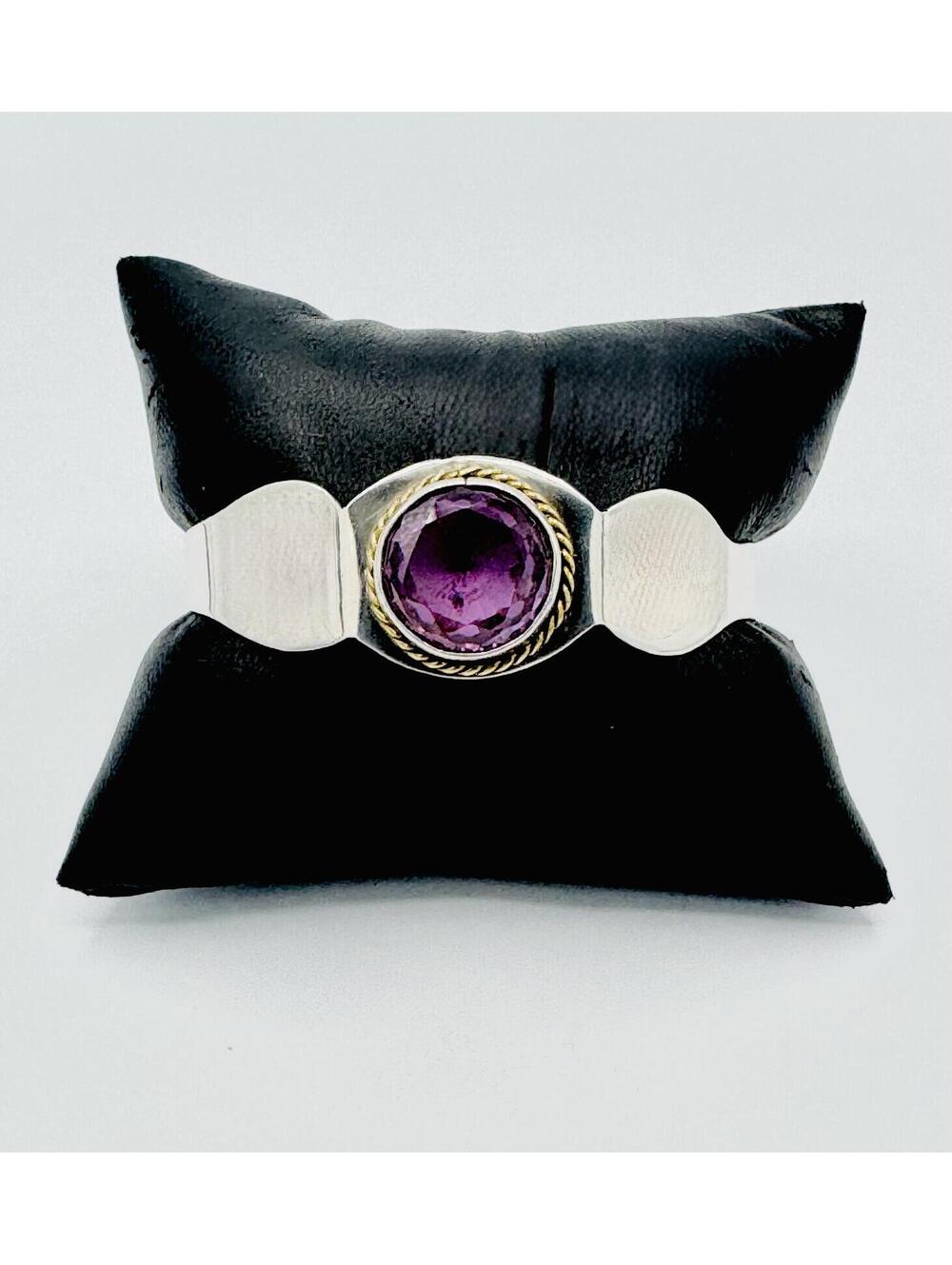 Vintage 1980's Taxco sterling silver w/ lg. deep purple amethyst bezel cuff
